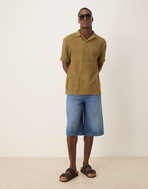 ASOS DESIGN longer length denim jort in mid wash blue