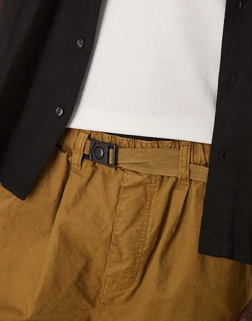 ASOS DESIGN Longer Length Shorts With Belt And Pleats In Olive Green