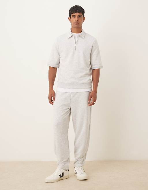 ASOS DESIGN Loopback Short Sleeve Sweatshirt With Zip In Grey Marl
