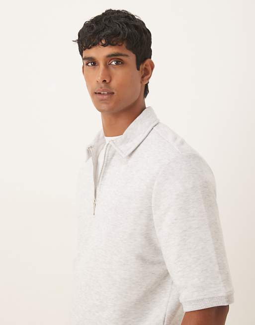 ASOS DESIGN Loopback Short Sleeve Sweatshirt With Zip In Grey Marl
