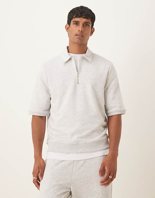 ASOS DESIGN loopback short sleeve sweatshirt with zip in grey marl