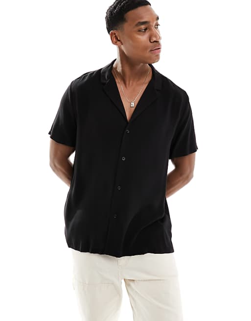 ASOS DESIGN Loose Fit Viscose Shirt With Deep Revere Collar In Black