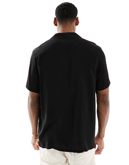 ASOS DESIGN Loose Fit Viscose Shirt With Deep Revere Collar In Black