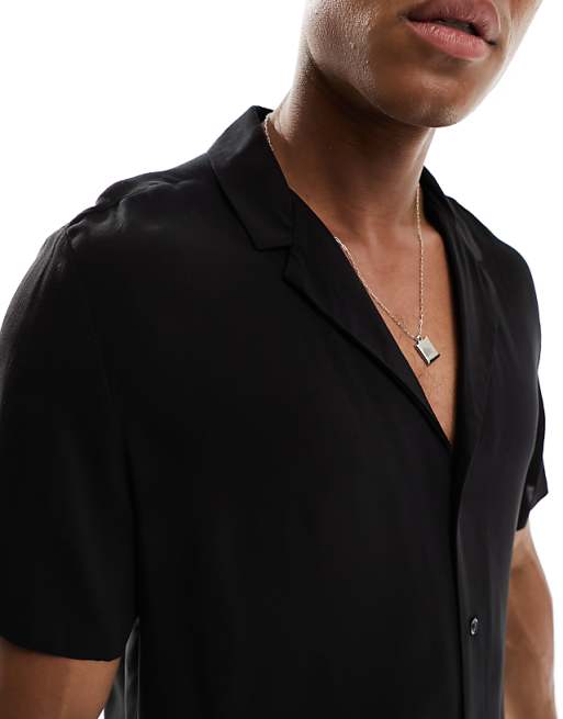 ASOS DESIGN Loose Fit Viscose Shirt With Deep Revere Collar In Black