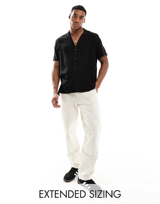 ASOS DESIGN loose fit viscose shirt with deep revere collar in black