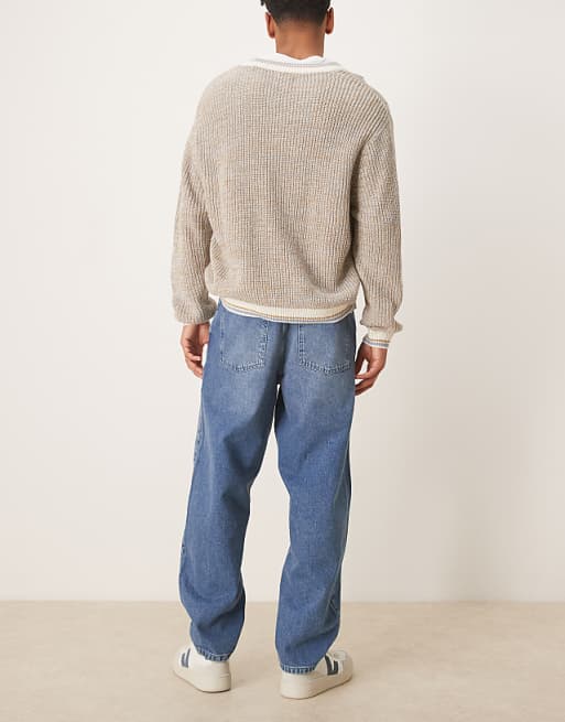 ASOS DESIGN Loose Straight Fit Jeans In Midwash Blue With Raw Hem Styling
