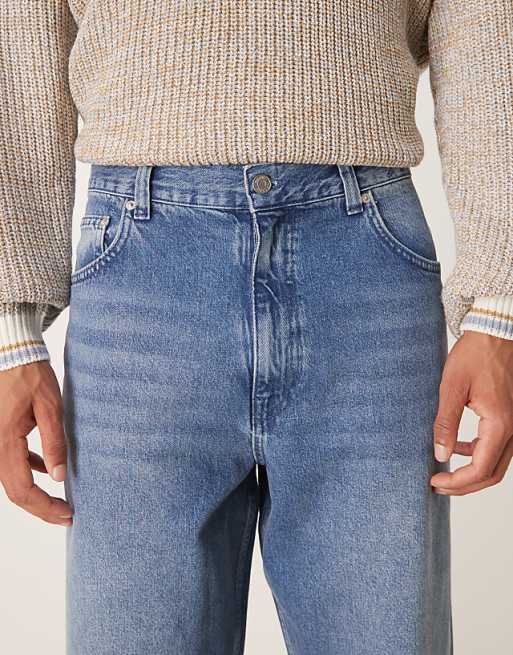 ASOS DESIGN Loose Straight Fit Jeans In Midwash Blue With Raw Hem Styling