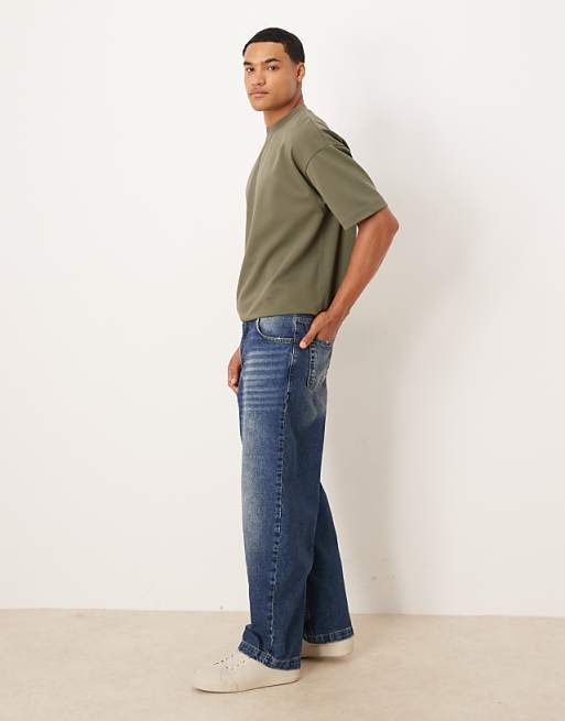 ASOS DESIGN Loose Straight Jeans In Mid Wash Blue
