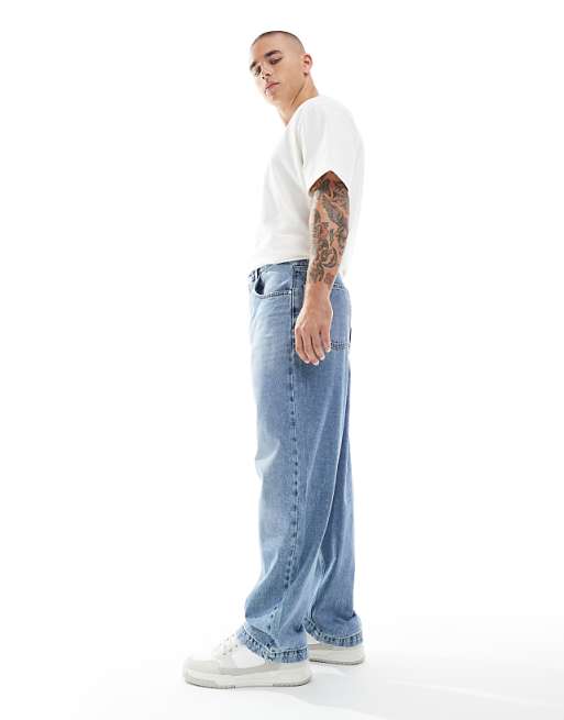 ASOS DESIGN Loose Straight Jeans In Midwash Blue