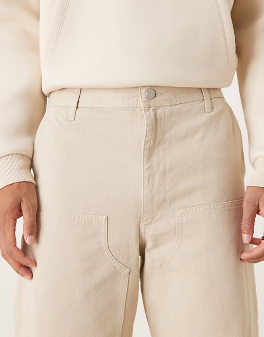ASOS DESIGN Loose Straight Trousers In Stone With Carpenter Detailing