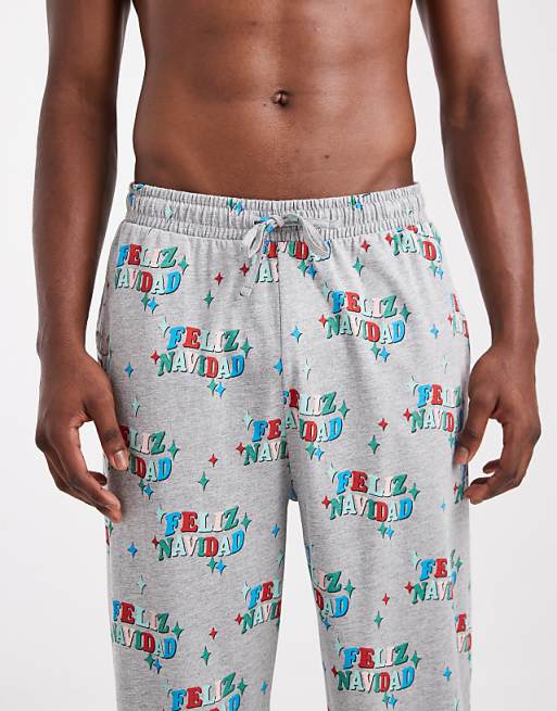 ASOS DESIGN Lounge Bottoms With Christmas Feliz Navidad Graphic In Grey