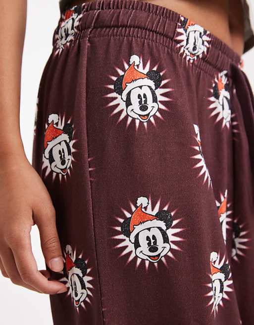 ASOS DESIGN Lounge Bottoms With Disney's Christmas Mickey Mouse Graphic In Burgundy