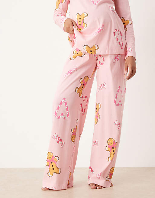 ASOS DESIGN Maternity Gingerbread & Candy Cane Long Sleeve Top & Trouser Pyjama Set In Pink Marl