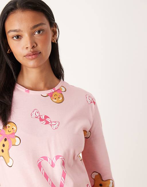 ASOS DESIGN Maternity Gingerbread & Candy Cane Long Sleeve Top & Trouser Pyjama Set In Pink Marl