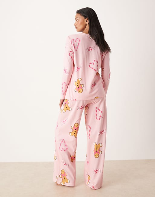 ASOS DESIGN Maternity Gingerbread & Candy Cane Long Sleeve Top & Trouser Pyjama Set In Pink Marl