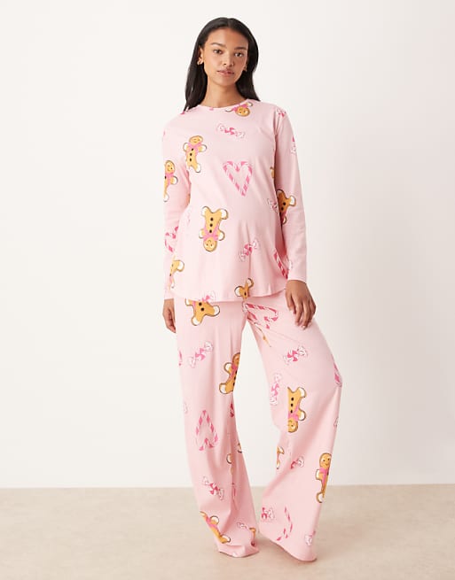 ASOS DESIGN Maternity gingerbread & candy cane long sleeve top & trouser pyjama set in pink marl