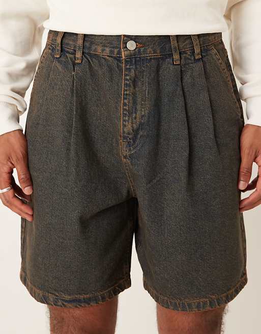 ASOS DESIGN Mid Length Denim Jort With Double Pleats In Brown