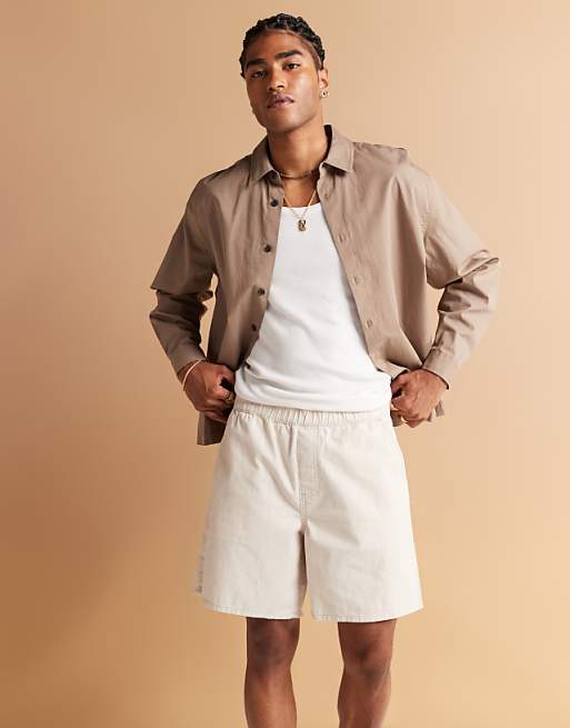 ASOS DESIGN Mid Length Pull On Linen Blend Short In Stone