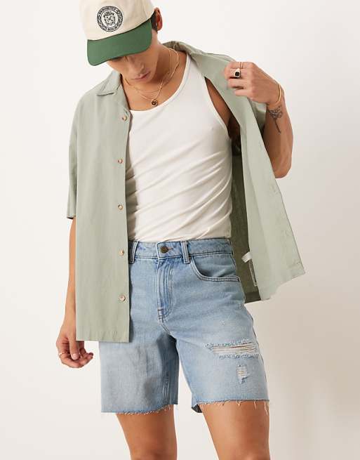ASOS DESIGN Mid Length Slim Denim Shorts With Rips In Light Wash Blue