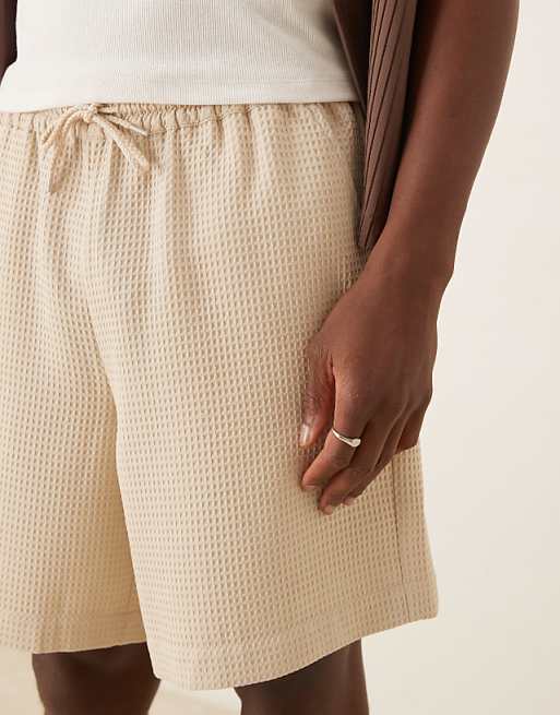 ASOS DESIGN Mid Length Waffle Short In Ecru