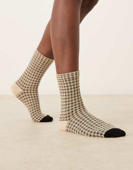 ASOS DESIGN Mini Check Textured Socks In Cream And Black