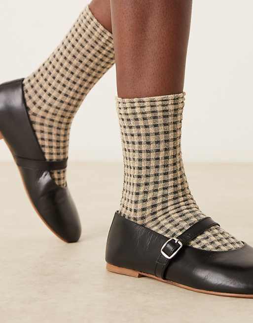 ASOS DESIGN mini check textured socks in cream and black