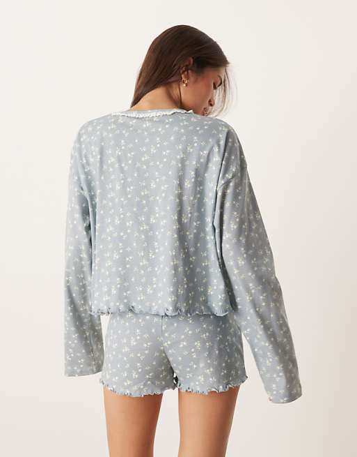 ASOS DESIGN Mix & Match Long Sleeve Boxy Pyjama Top In Blue Ditsy Print