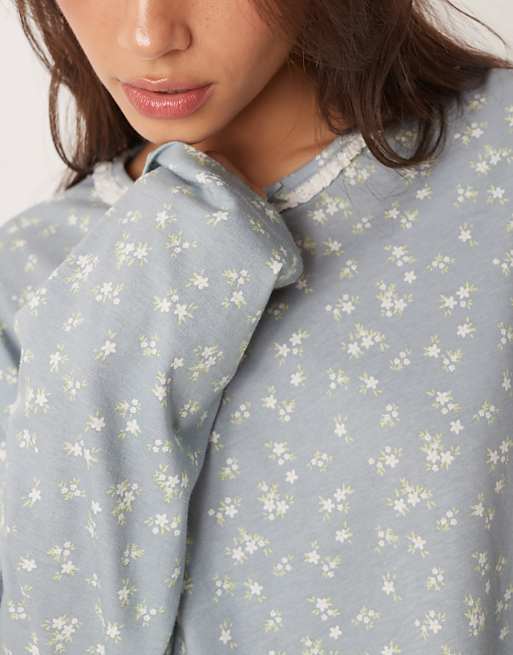 ASOS DESIGN Mix & Match Long Sleeve Boxy Pyjama Top In Blue Ditsy Print