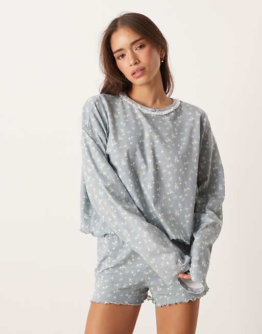 ASOS DESIGN mix & match long sleeve boxy pyjama top in blue ditsy print