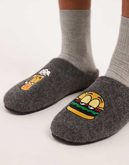 ASOS DESIGN Mule Slipper In Black Felt With Graphic Embroidery