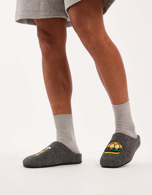 ASOS DESIGN Mule Slipper In Black Felt With Graphic Embroidery