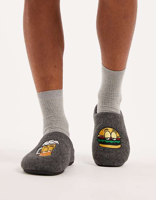ASOS DESIGN mule slipper in black felt with graphic embroidery