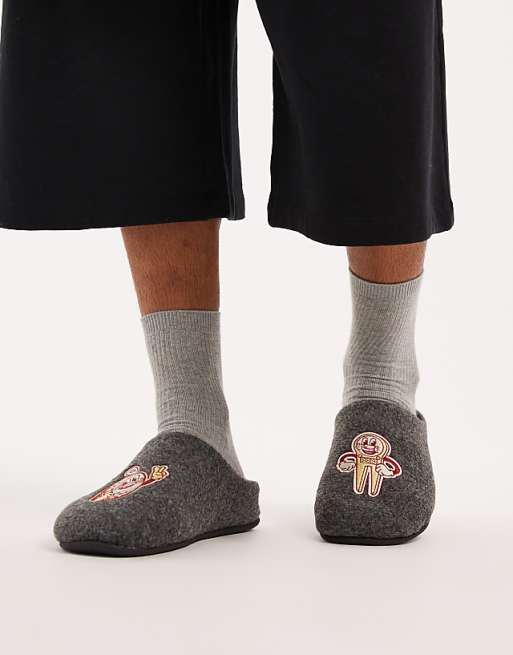 ASOS DESIGN mule slipper in grey felt with golf graphic