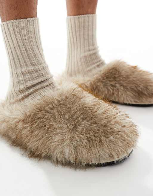 ASOS DESIGN Mule Slippers In Brown Faux Fur
