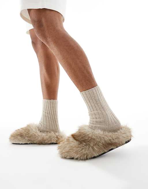 ASOS DESIGN Mule Slippers In Brown Faux Fur