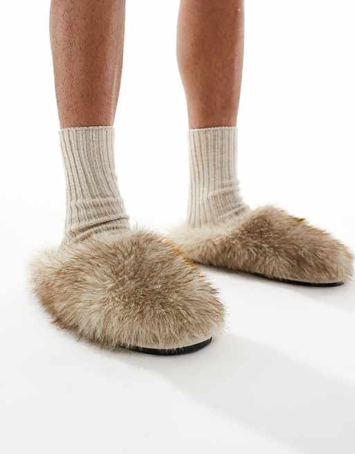 ASOS DESIGN mule slippers in brown faux fur