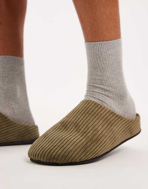 ASOS DESIGN Mule Slippers In Khaki Green Cord