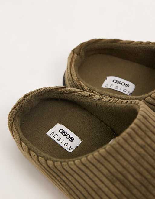 ASOS DESIGN Mule Slippers In Khaki Green Cord