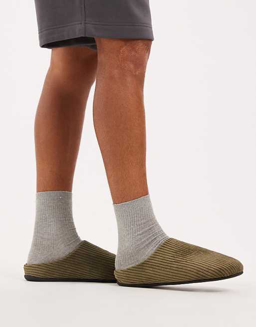ASOS DESIGN Mule Slippers In Khaki Green Cord