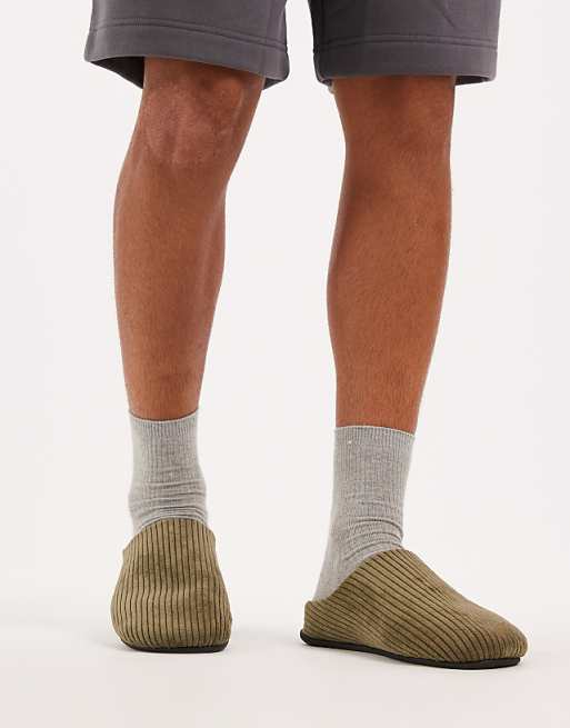 ASOS DESIGN mule slippers in khaki green cord