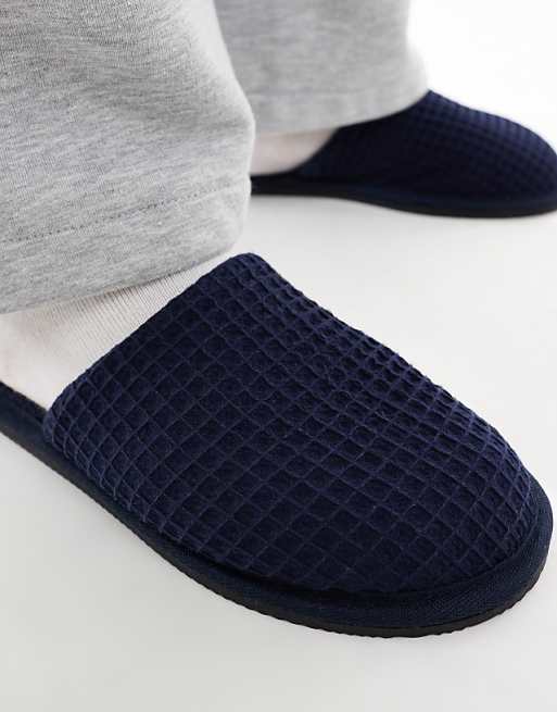 ASOS DESIGN Mule Slippers In Navy Waffle