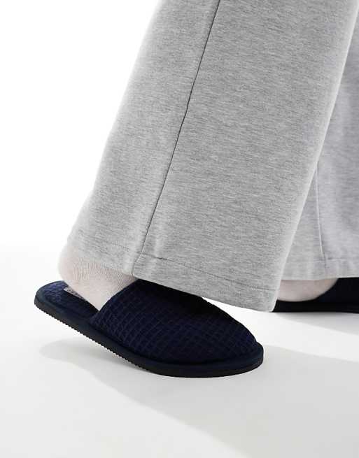 ASOS DESIGN mule slippers in navy waffle