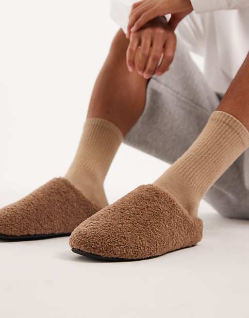 ASOS DESIGN mule slippers in tan borg