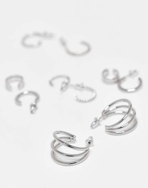 ASOS DESIGN Multi-pack Hoop Earrings Set With Ear Cuffs In Silver Tone