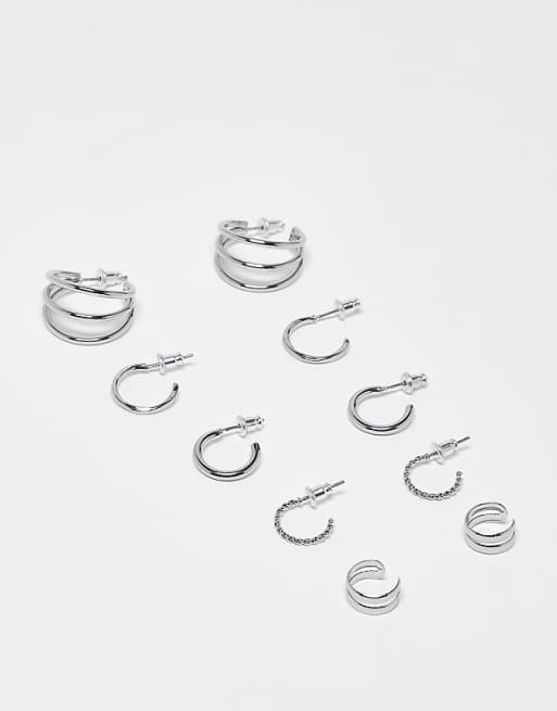 ASOS DESIGN multi-pack hoop earrings set with ear cuffs in silver tone