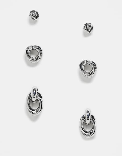 ASOS DESIGN multi pack of stud earrings with knot design in silver tone