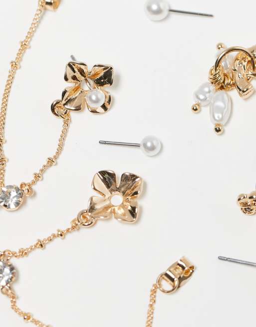 ASOS DESIGN Multipack Earrings With Florals And Faux Pearls In Gold Tone