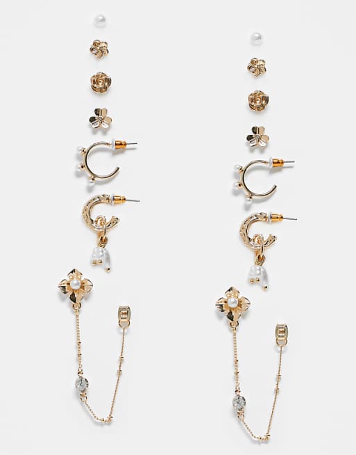 ASOS DESIGN multipack earrings with florals and faux pearls in gold tone