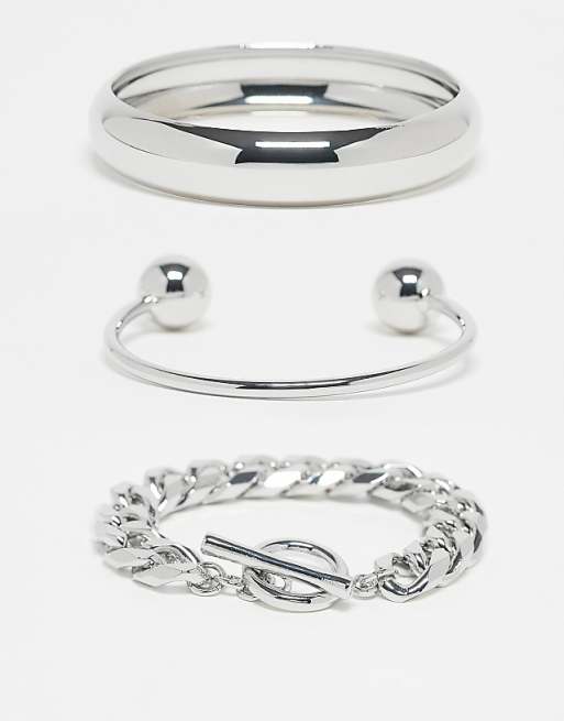 ASOS DESIGN multipack of mixed bangles and bracelets in silver tone