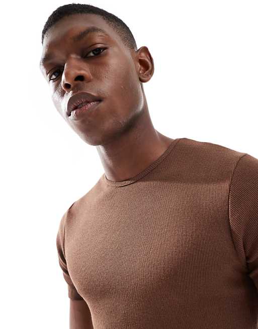 ASOS DESIGN Muscle Boxy T-shirt In Brown Rib